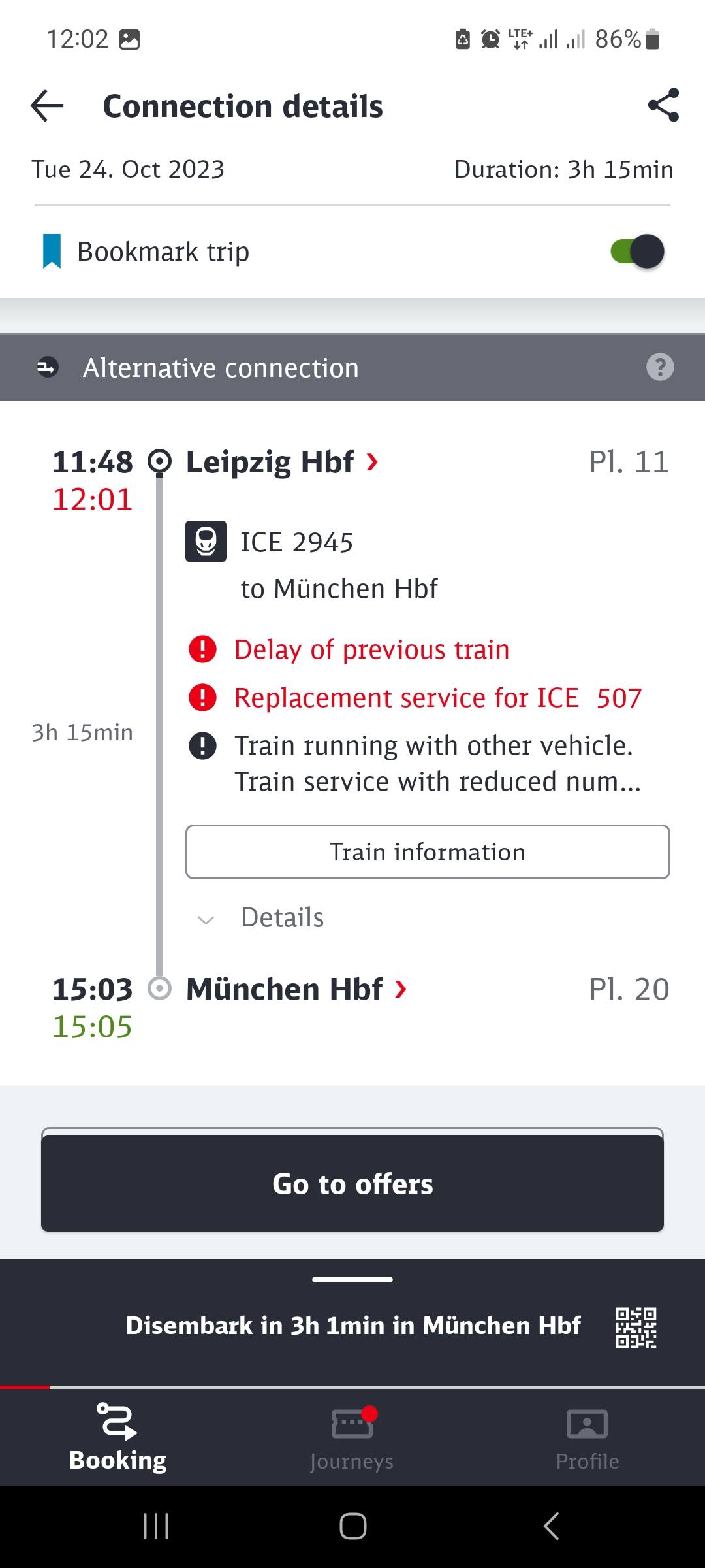 DB App showing the delay for my journey from Leipzig to München